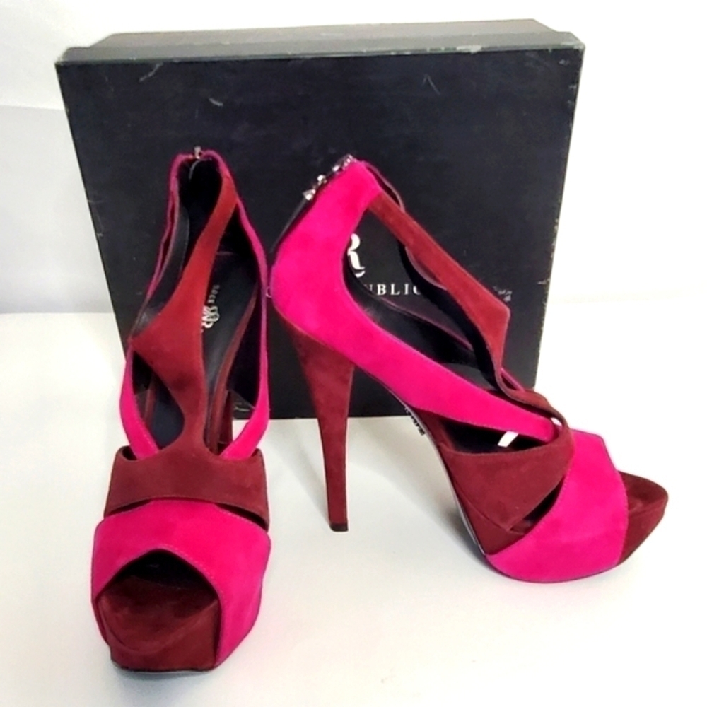 Rock & Republic Suede Jolene Open Toe Pump Size 39.5‎ Back Zip Leather Stiletto
